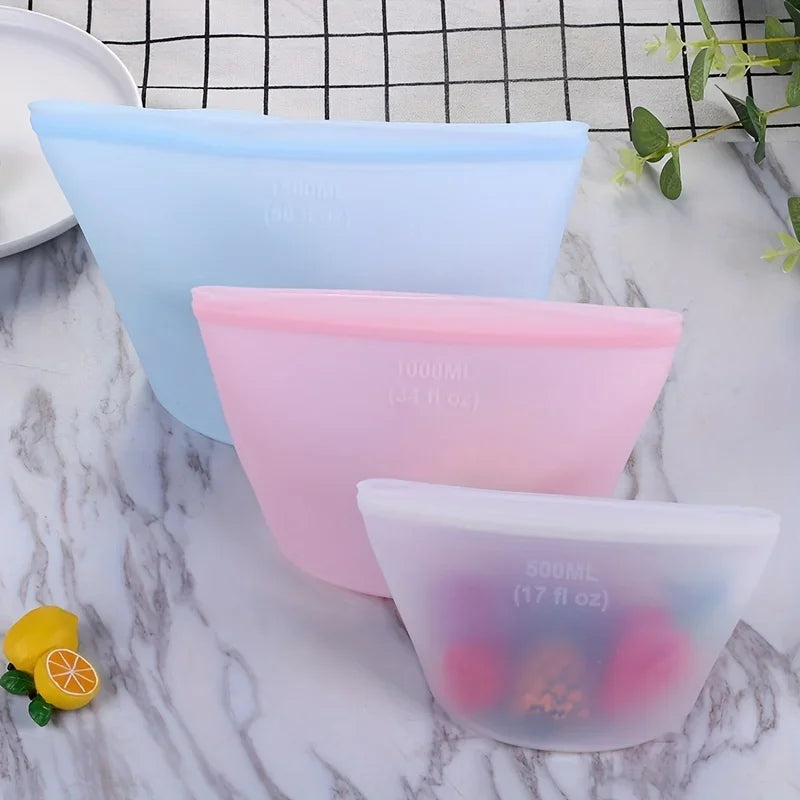 3PCS Reusable Silicone Food Storage Bags – Leakproof Ziplock Containers (500ml–1500ml)