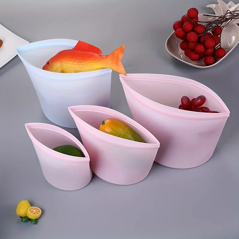 3PCS Reusable Silicone Food Storage Bags – Leakproof Ziplock Containers (500ml–1500ml)